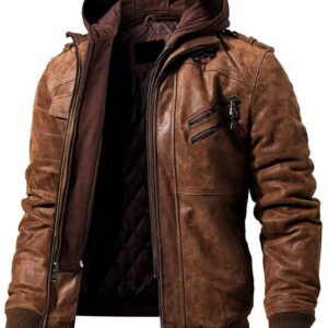Veste Cuir Marron Homme Bomber à Capuche - Produit test